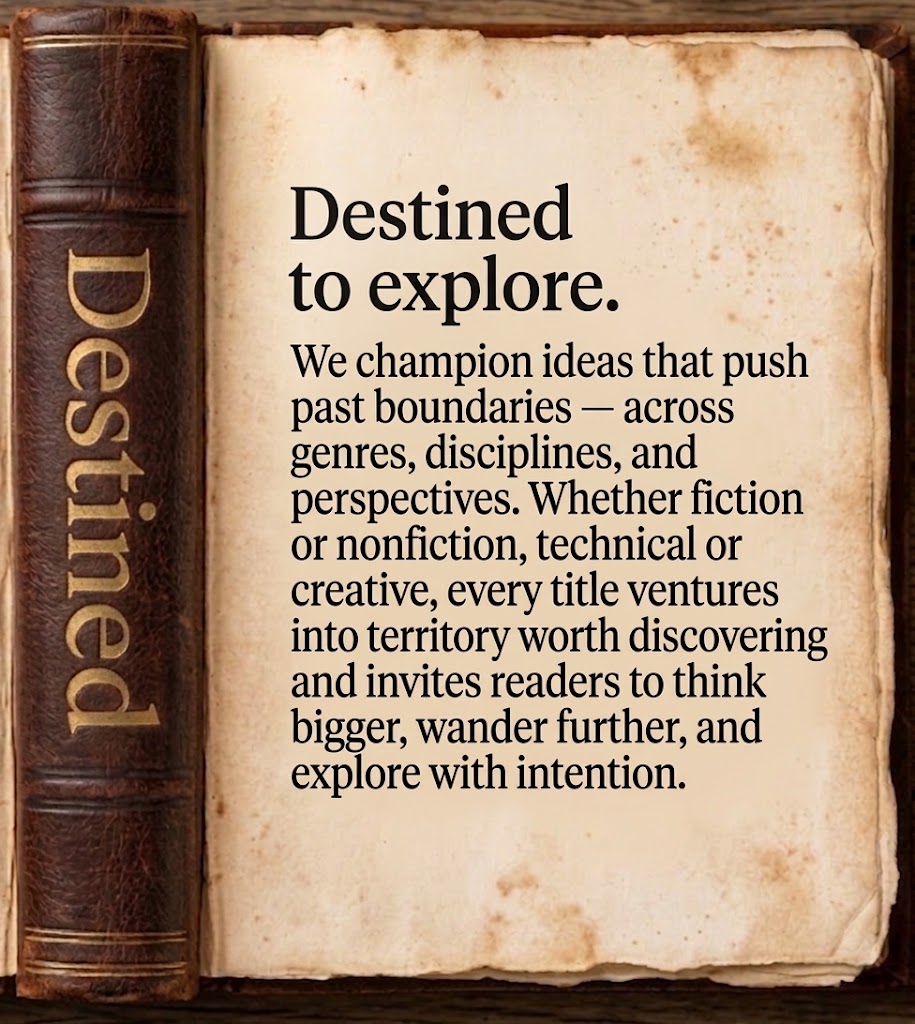 Destined to explore. We champion ideas that push past boundaries — across genres, disciplines, and perspectives. Whether fiction or nonfiction, technical or creative, every title ventures into territory worth discovering and invites readers to think bigger, wander further, and explore with intention.